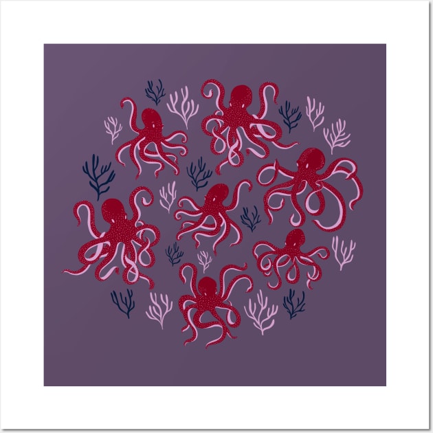 Freckled Octopus and Coral in Red, Mauve and Black Wall Art by Carabara Designs